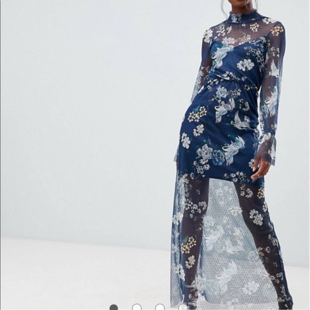 ASOS Printed Mesh Maxi Dress With Shirred Neck NEW